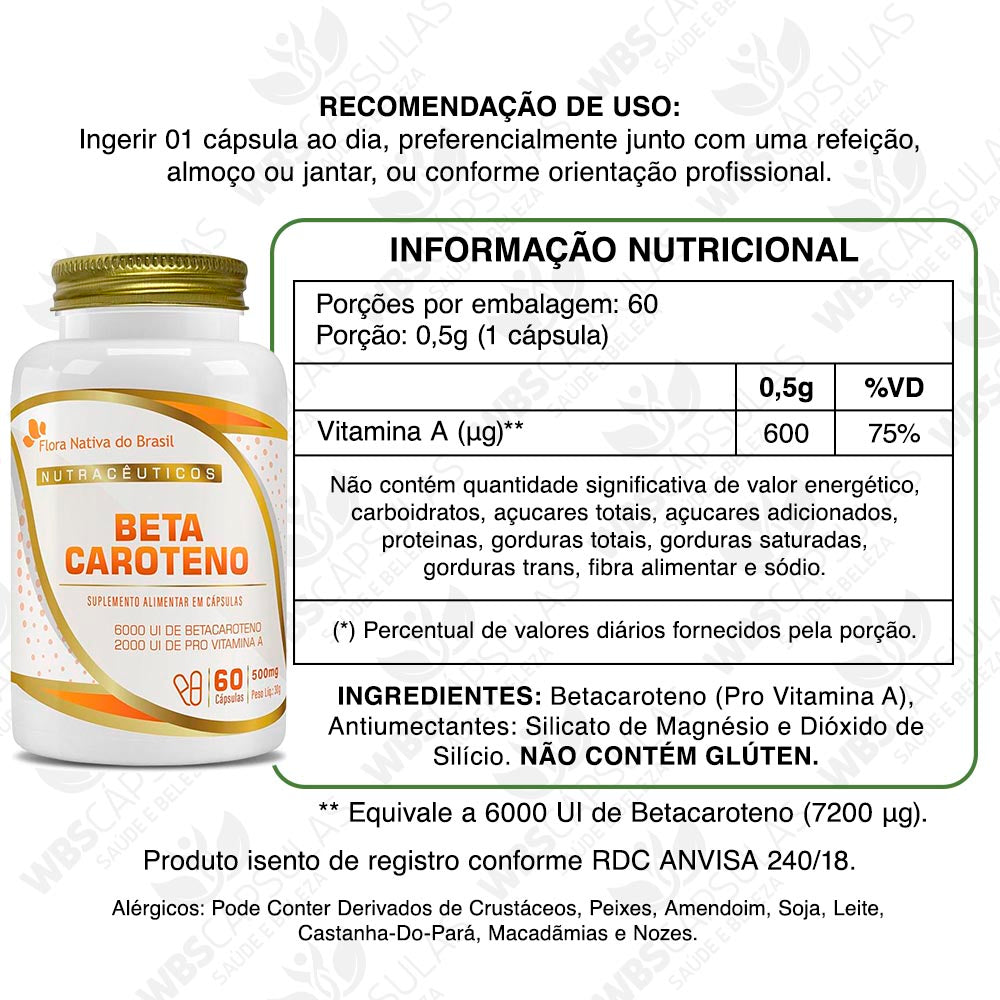 Beta Caroteno (Pro-Vitamina A 2000UI) 60 Capsulas - Flora Nativa